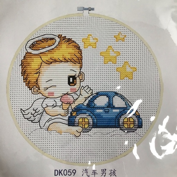 Joy Sunday Other - Baby Boy Angel Cross Stitch Kit Blue The Car Boy Joy Sunday Nursery Decor NEW